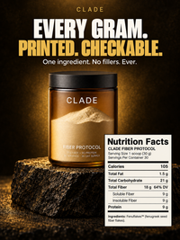 CLADE Fiber Protocol Nutrition Facts: 105 calories, 18 g fiber, 9 g protein per 30 g scoop
