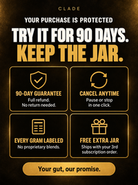 90-day money-back guarantee, cancel anytime, every gram labeled, free extra jar on your 3rd subscription order
