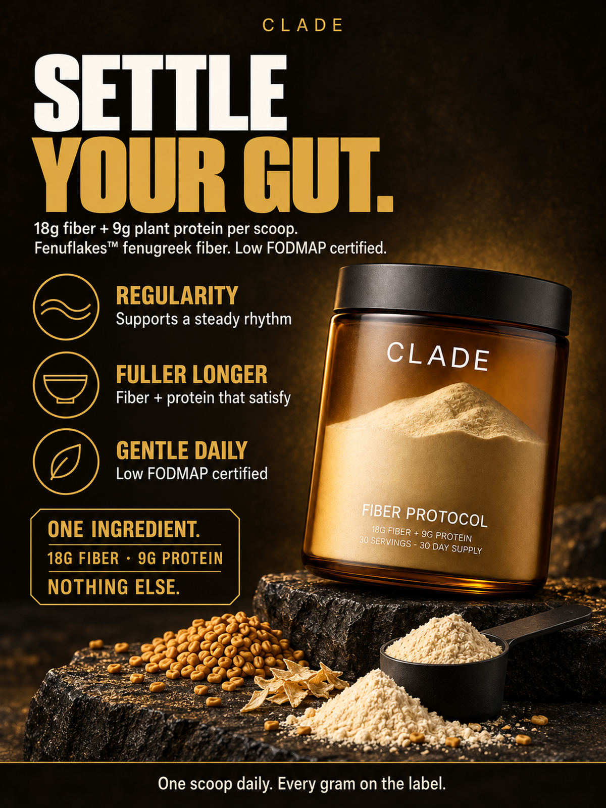 CLADE Fiber Protocol: settle your gut. 18g fiber plus 9g plant protein per scoop, Fenuflakes fenugreek fiber, Low FODMAP certified