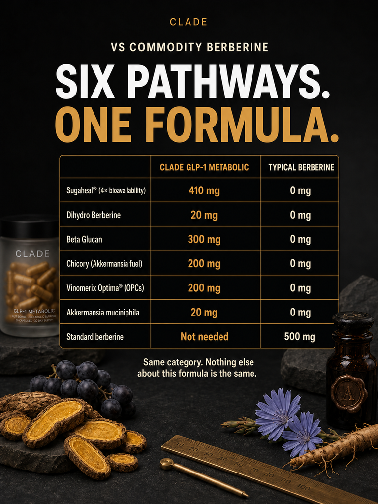 CLADE GLP-1 Metabolic vs typical berberine: Sugaheal 410 mg with 4x bioavailability, Dihydro Berberine 20 mg, Beta Glucan 300 mg, Chicory 200 mg, Vinomerix Optima 200 mg, Akkermansia 20 mg
