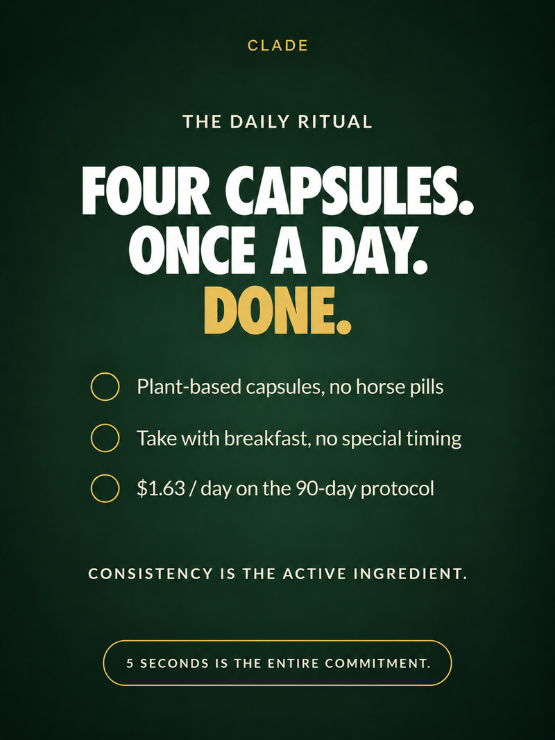 The daily ritual: four plant-based capsules, once a day with breakfast, $1.63 per day on the 90-day protocol, a 5-second commitment