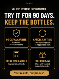 CLADE GLP-1 Metabolic Support: try it for 90 days, keep the bottles, full refund with no return needed, cancel anytime