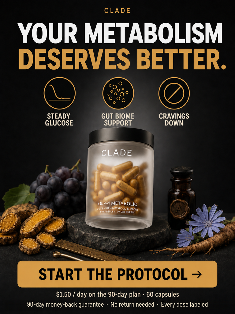 CLADE GLP-1 Metabolic Support: $1.50 per day on the 90-day plan, 90-day money-back guarantee, no return needed