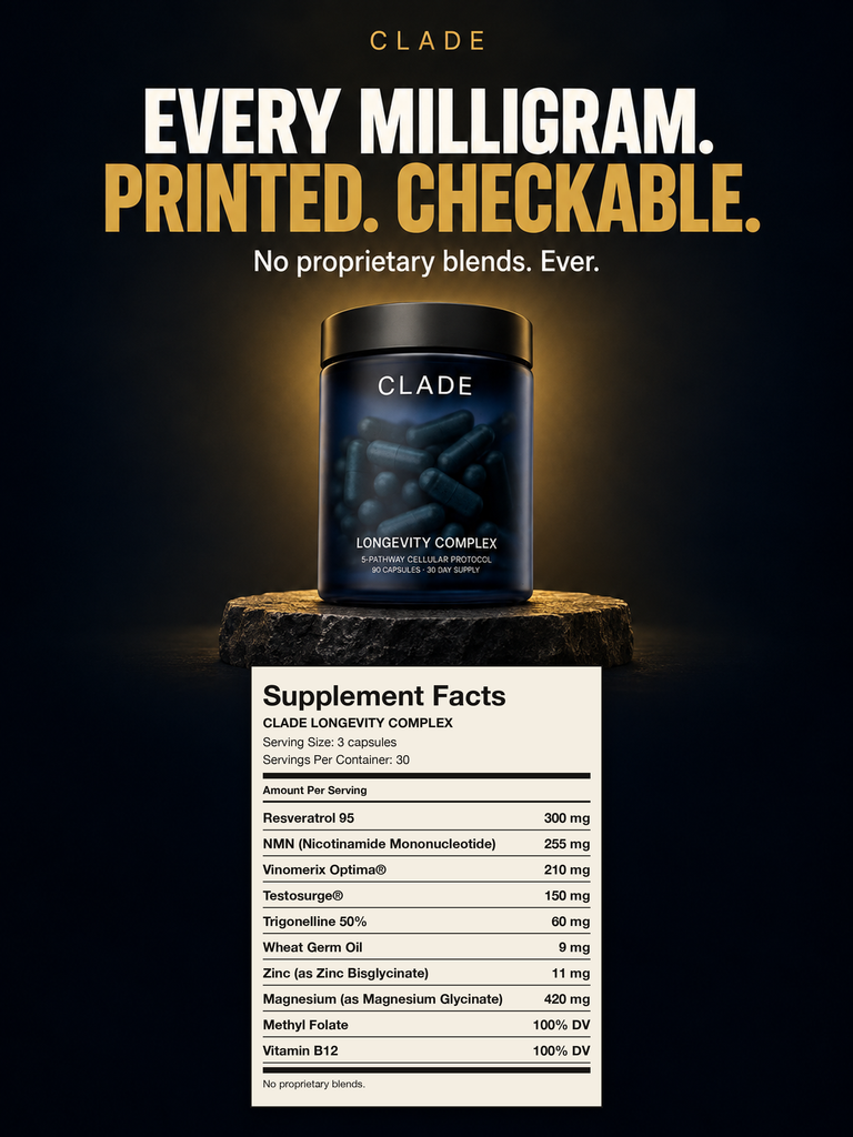 CLADE Longevity Complex Supplement Facts label