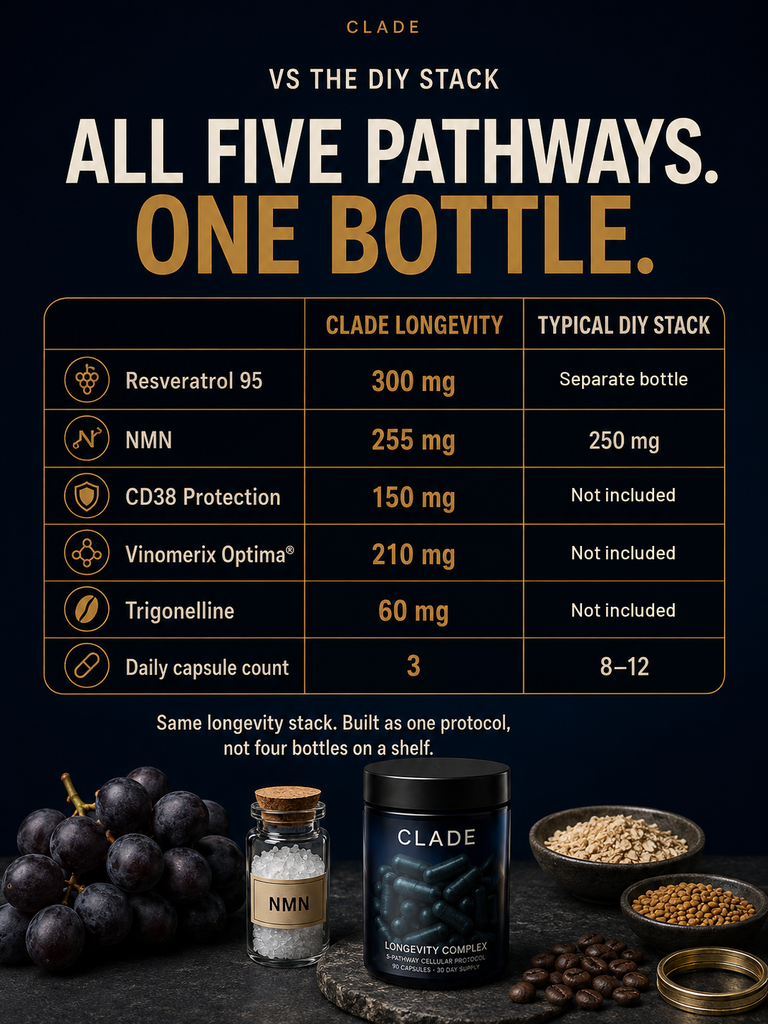 CLADE Longevity Complex vs a typical DIY stack: five pathways, three capsules