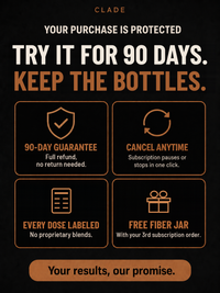 CLADE Men's Vitality: try it for 90 days, keep the bottles, full refund with no return needed, cancel anytime