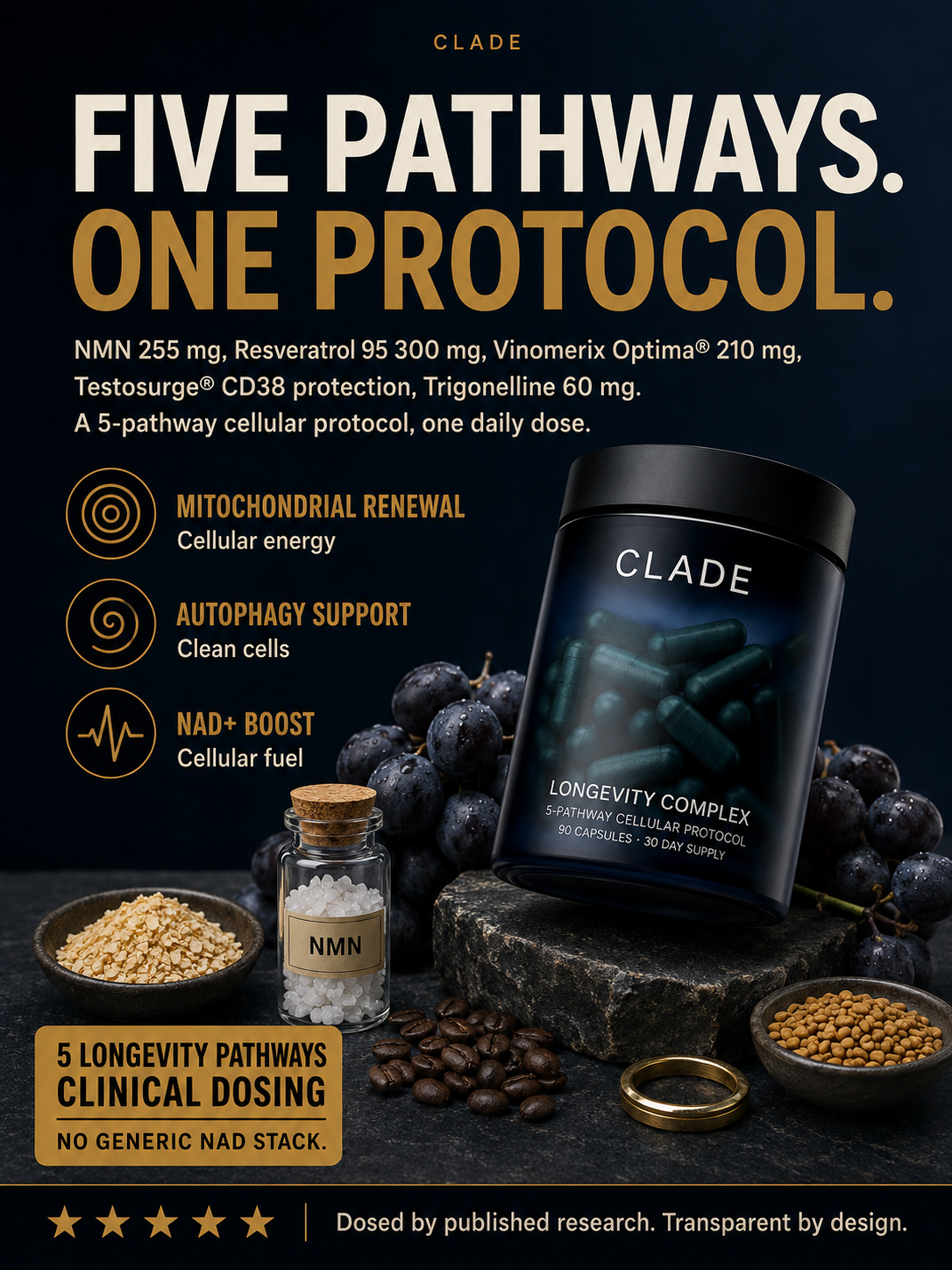 CLADE longevity complex — hero overview: full formula and doses