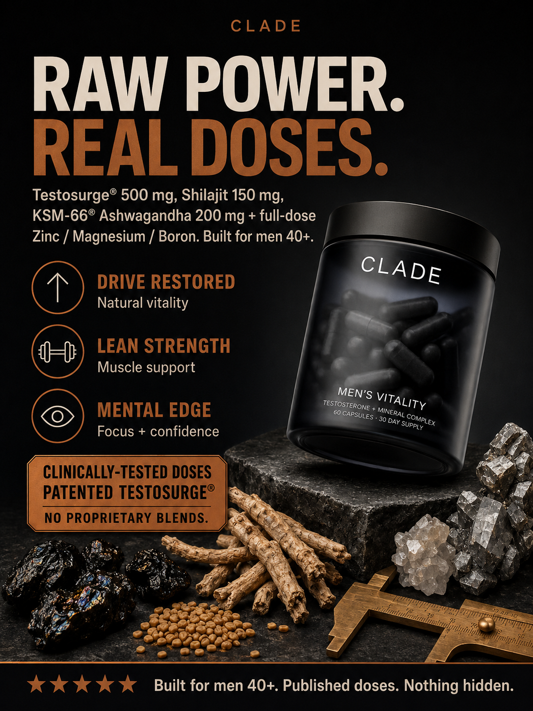 CLADE mens vitality — hero overview: full formula and doses